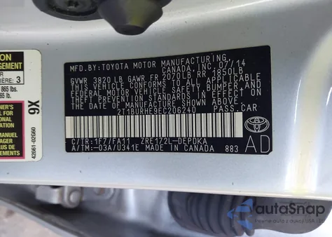 2014 Toyota Corolla L z USA, uszkodzony, nr VIN 2T1BURHE9EC206240